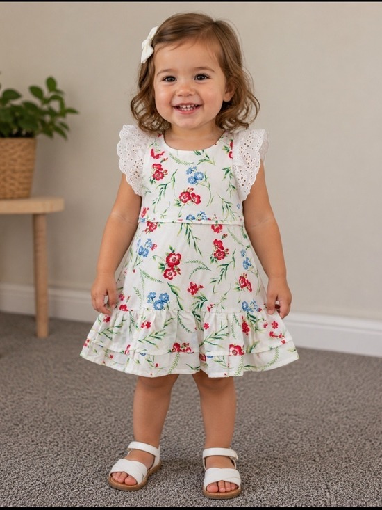 Janie and Jack Other - Janie and Jack White Floral Eyelet Sleeve Dress with Red and Blue Flowers